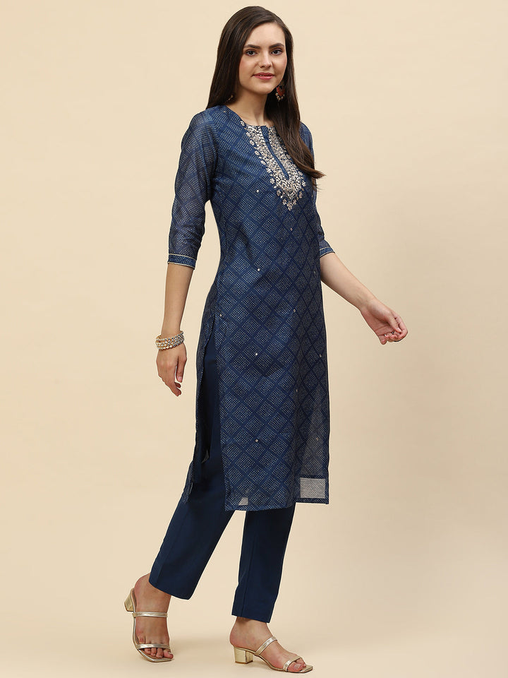 Mirror Embroidered &amp; Printed Chanderi Kurta With Pants