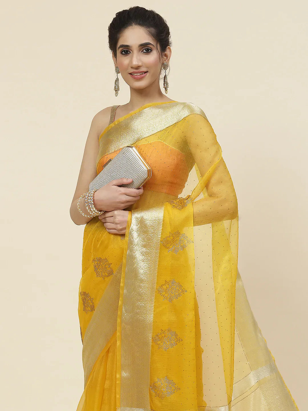 Stone Work Organza Plain Saree