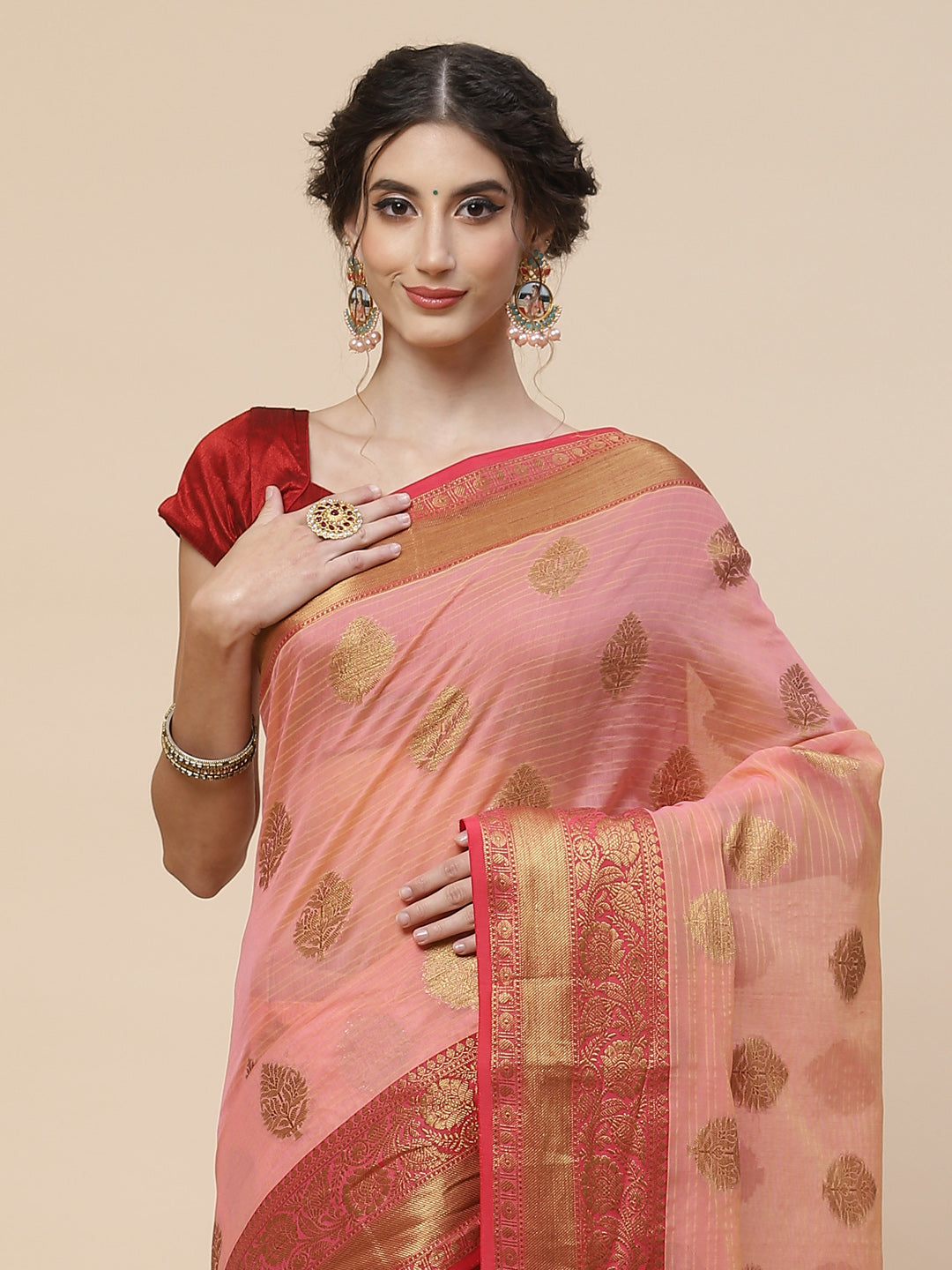 Zari Border Booti Cotton Chanderi Woven Saree