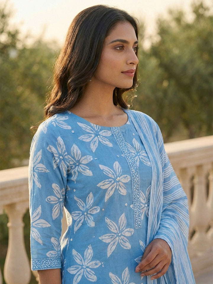Printed Cotton Blend Kurta With Pant &amp; Dupatta