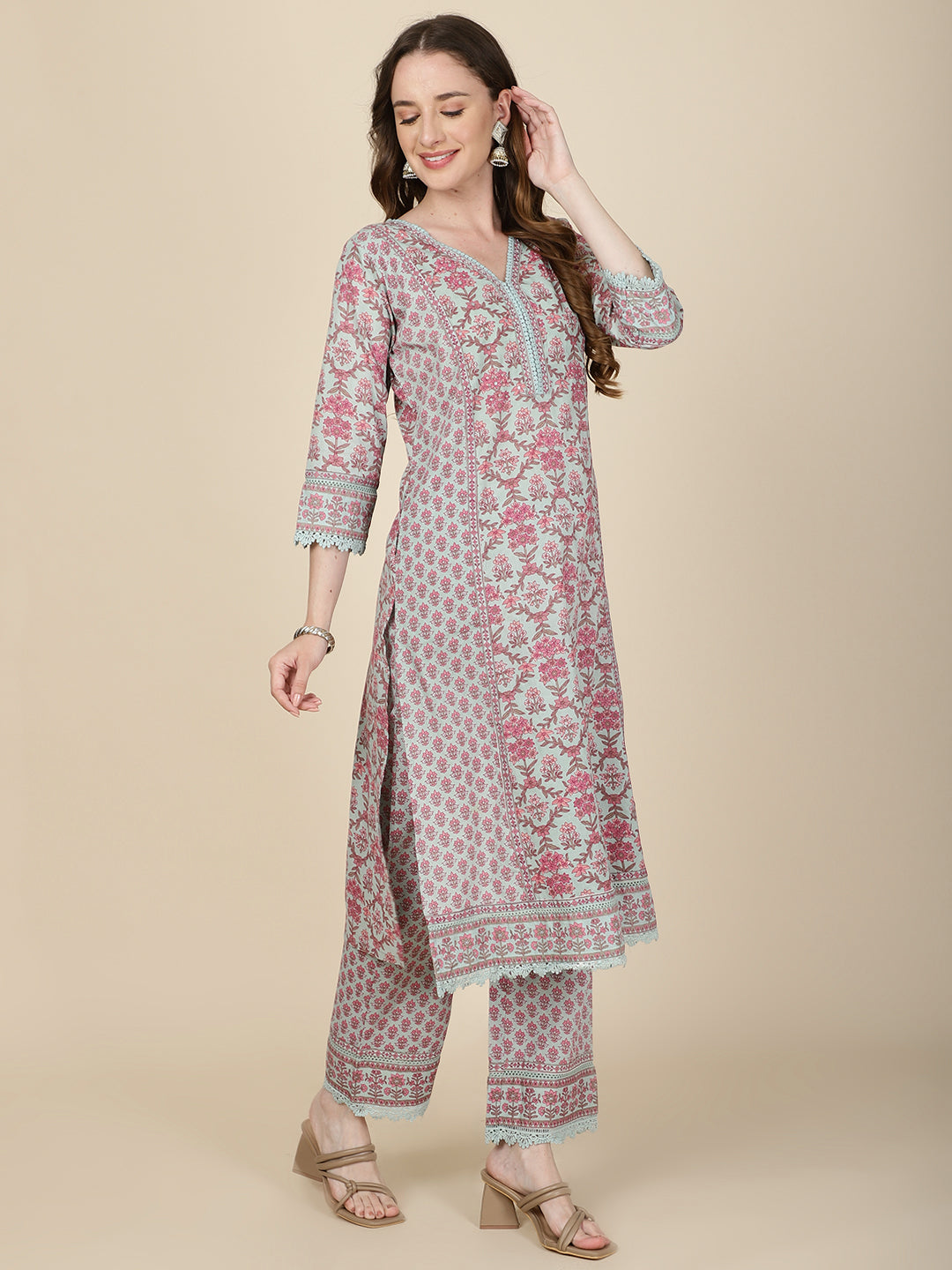 Floral Printed Cotton Kurta With Pants &amp; Dupatta