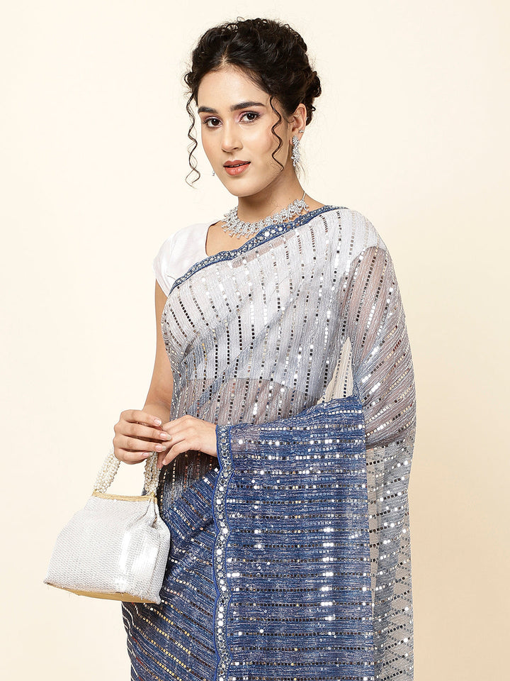 Mirror Work Embroidered Net Saree