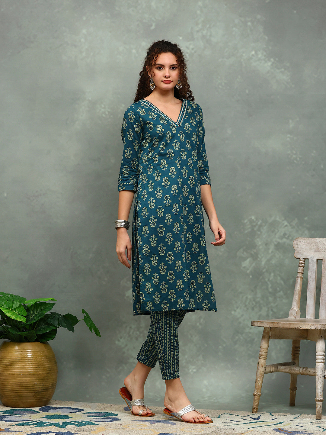 Printed Cotton Blend Kurta With Pants &amp; Dupatta