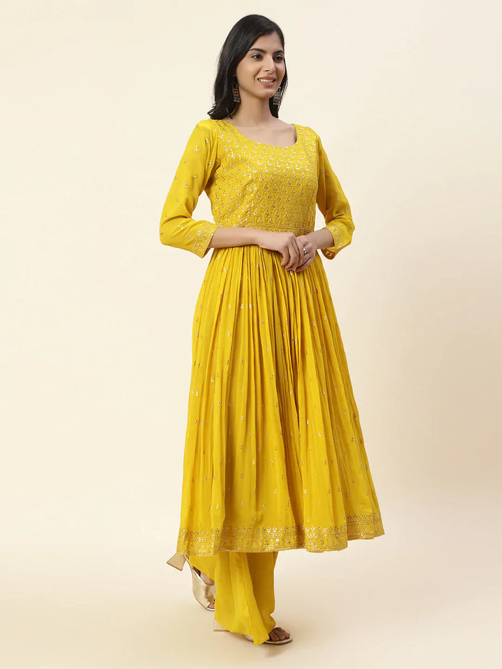 Resham Sequin Embroidered Georgette Kurta With Palazzo &amp; Dupatta