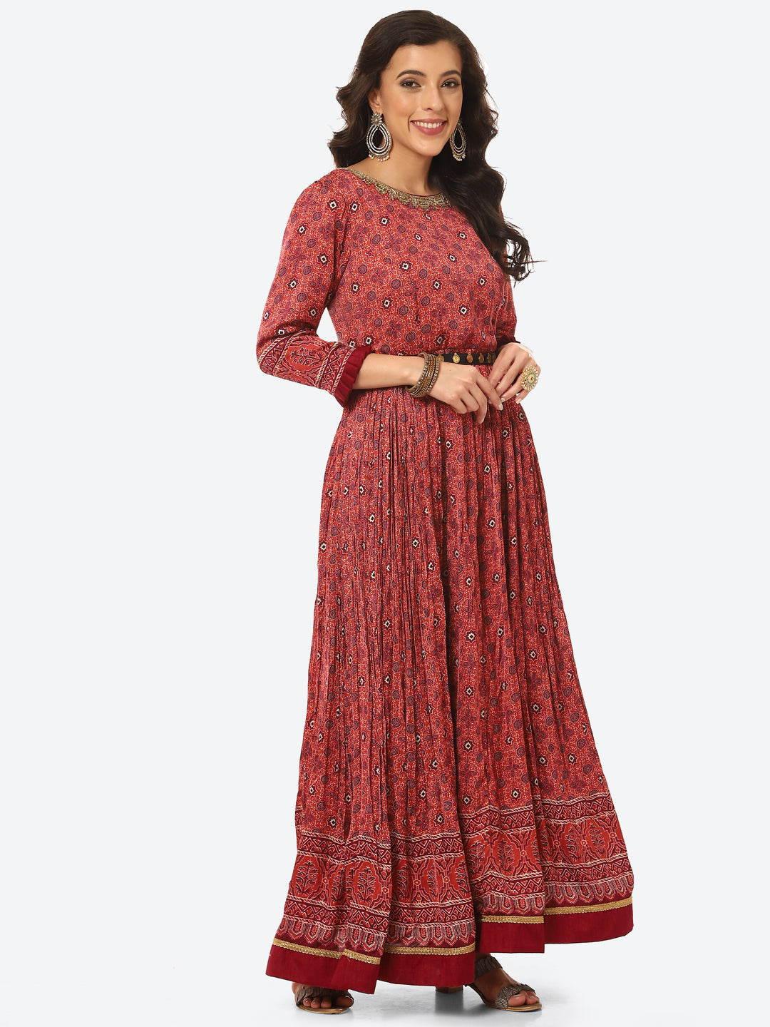 Printed Satin Anarkali Kurta With Churidar With Dupatta