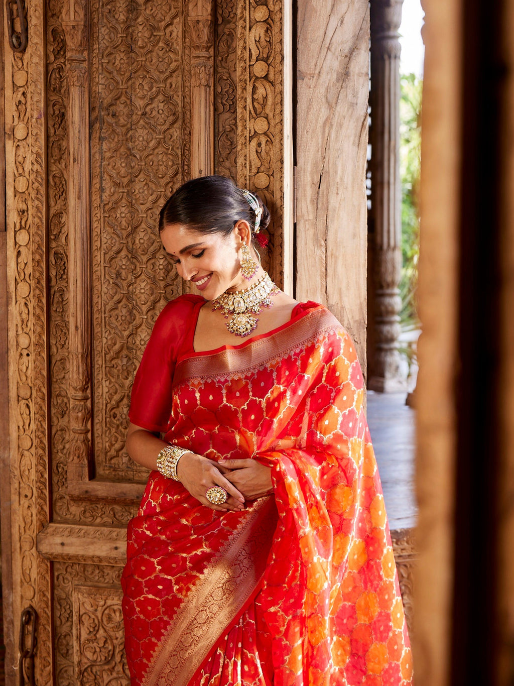 Zari Jaal Organza  Plain Saree