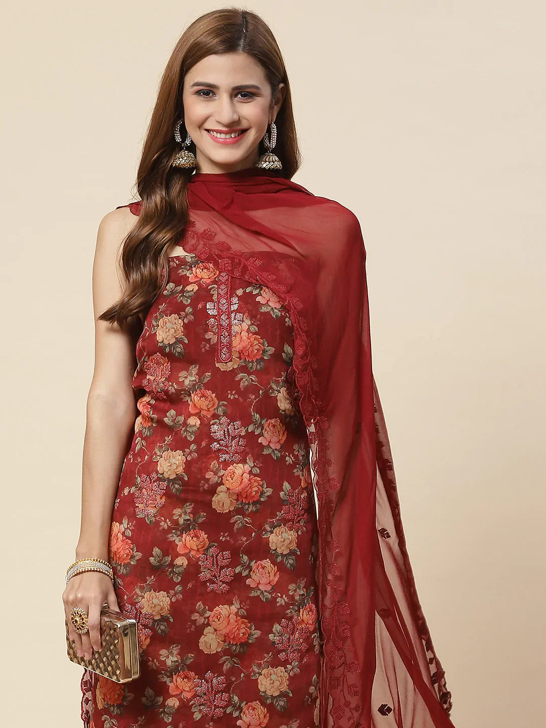 Digital Floral Printed Crepe Unstitched Suit Piece With Dupatta