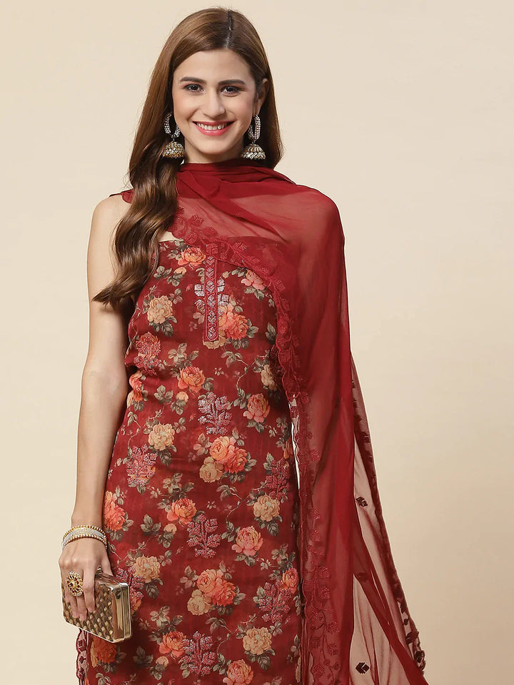 Digital Floral Printed Crepe Unstitched Suit Piece With Dupatta
