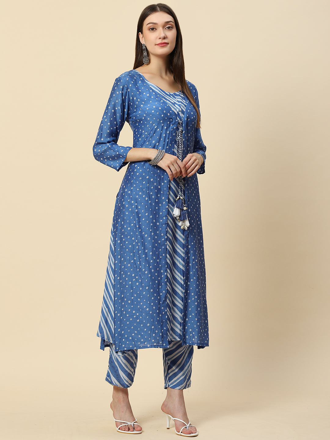 Leheriya Printed Muslin Kurta With Pants &amp; Jacket