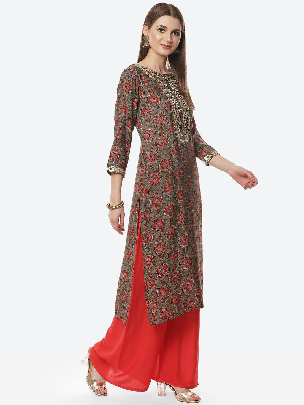 Printed Neck Embroidered Cotton Kurti