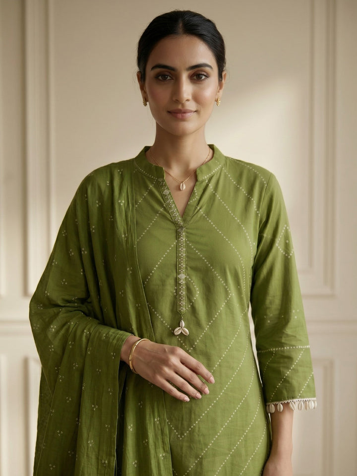 Green Embroidered Cotton Blend Straight V Neck Suit Set
