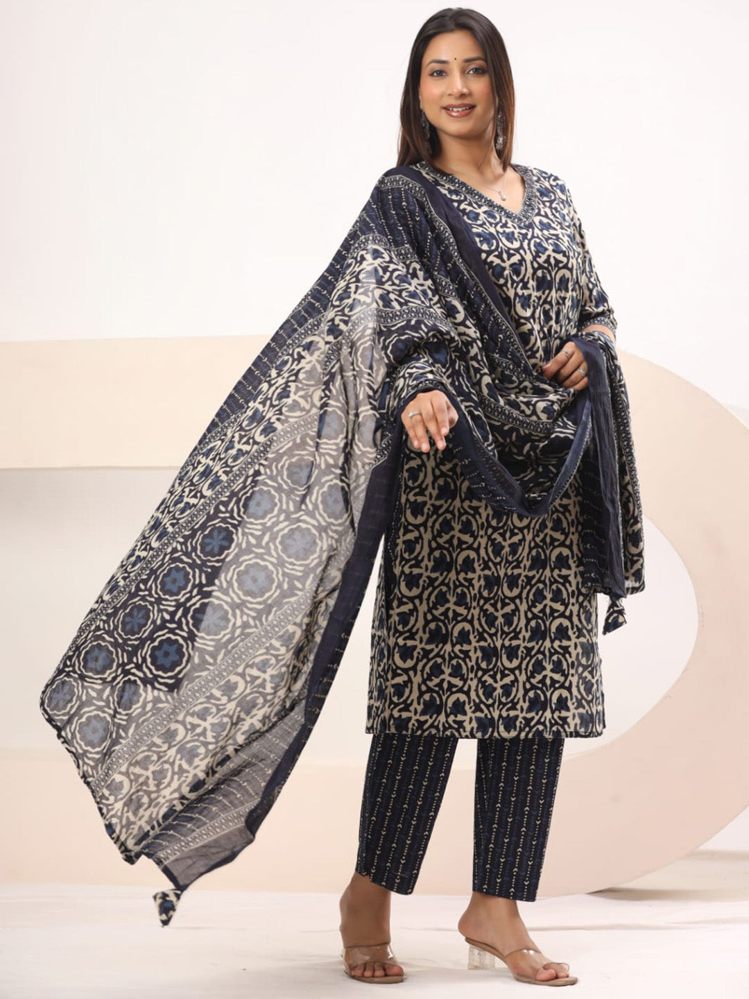 Black Embroidered Cotton Blend Straight Suit Set With Dupatta