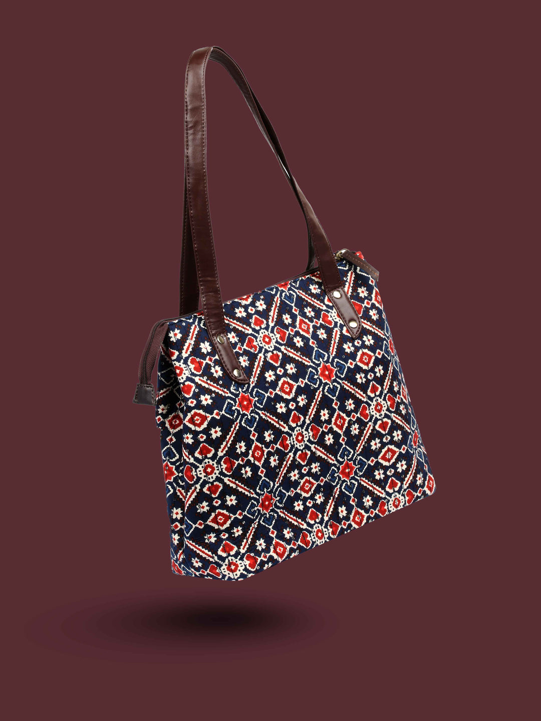 Navy Blue &amp; Maroon Printed Cotton Handbag With Pouch