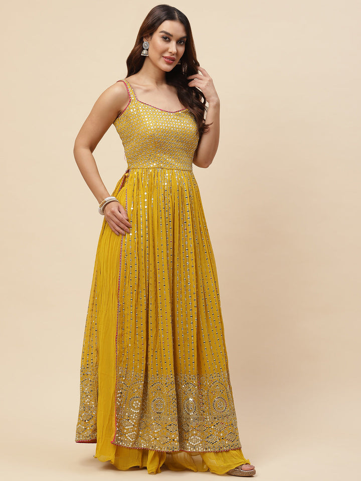 Sequin Embroidered Georgette Kurta With Sharara &amp; Dupatta