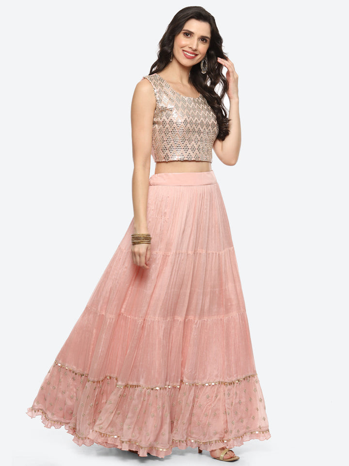 Resham Embroidered Crepe Choli Jacket With Lehenga &amp; Dupatta