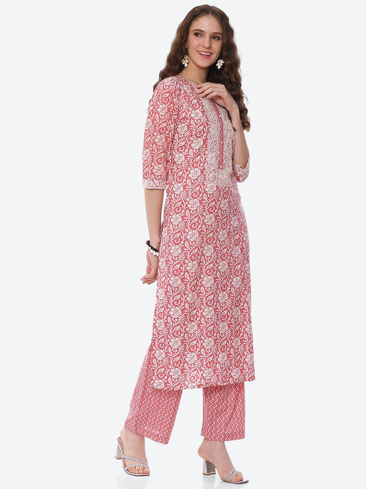 Neck Embroidered Printed Cotton Kurta With Palazzo