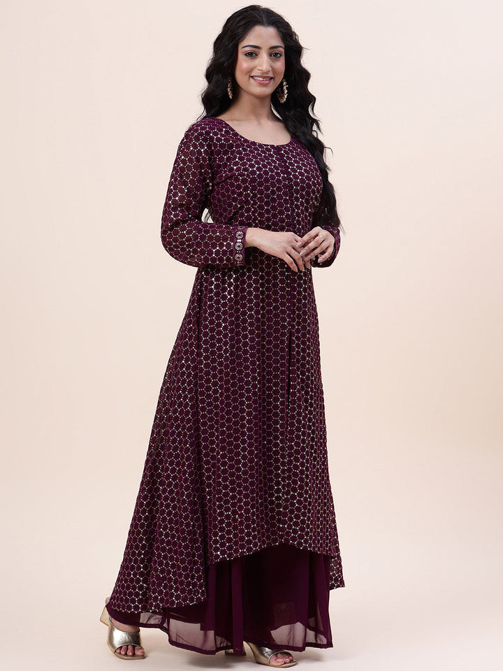 Sequin Embroidered Georgette Kurta With Palazzo &amp; Dupatta