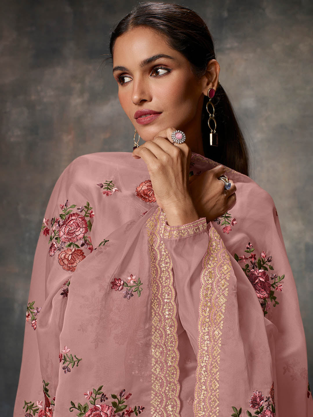 Neck Embroidered Organza Unstitched Suit Piece With Dupatta