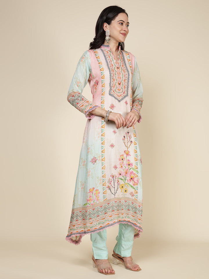 Printed Muslin Blend Kurta With Pants &amp; Dupatta