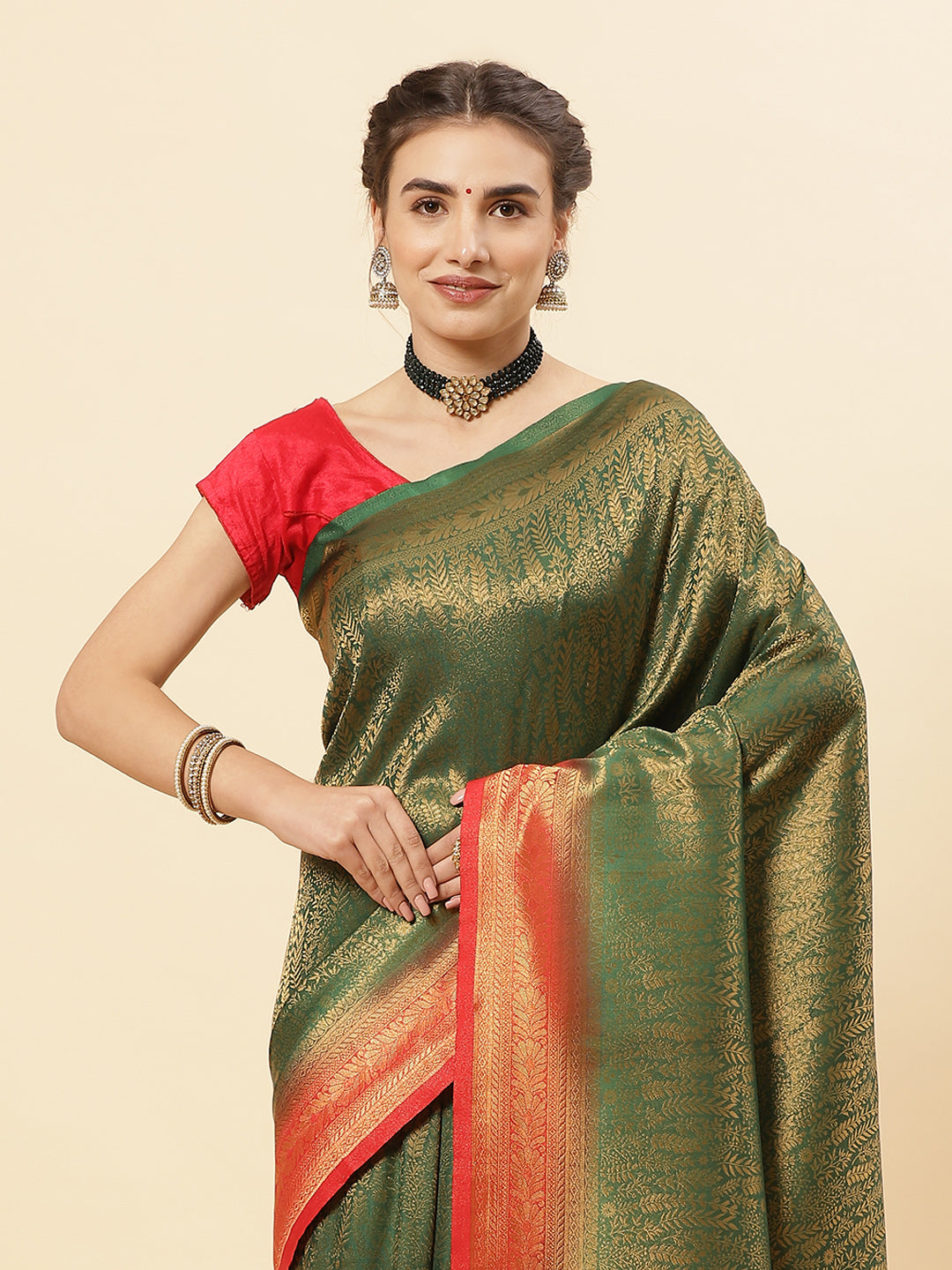 Brocade Zari Jaal Art Handloom Saree  with Contrast Blouse