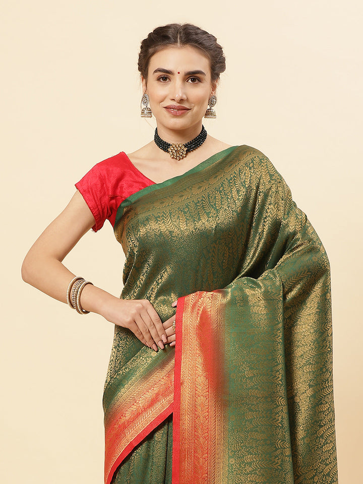 Brocade Zari Jaal Art Handloom Saree  with Contrast Blouse