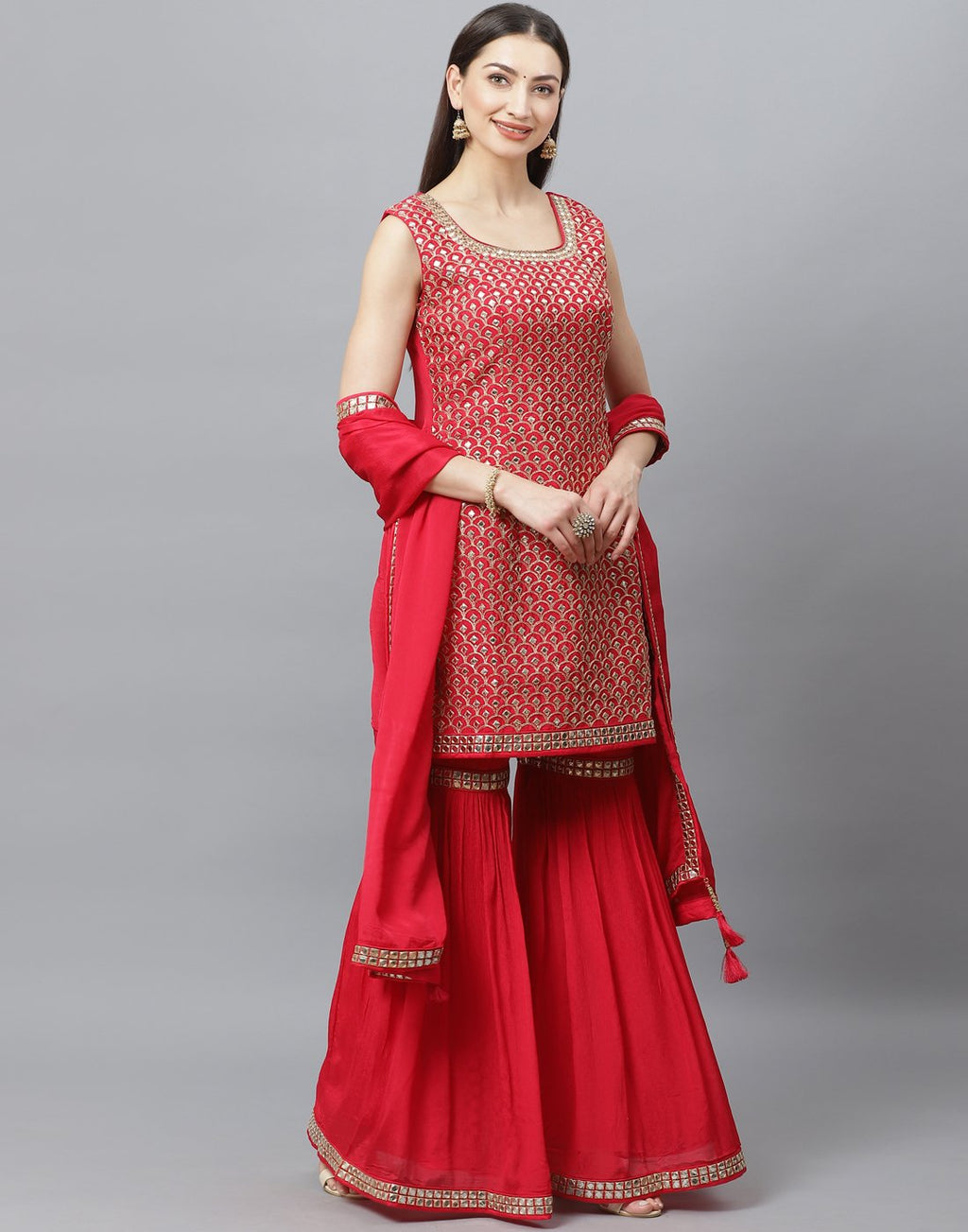 Elegant Red Art Crepe Stitched Gharara Set