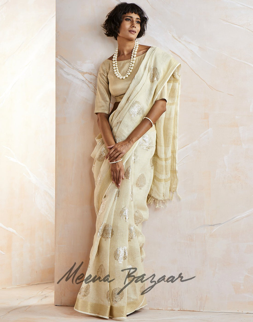 Cream Gold Cotton Linen Printed Saree