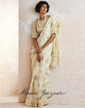 Cream Gold Cotton Linen Printed Saree