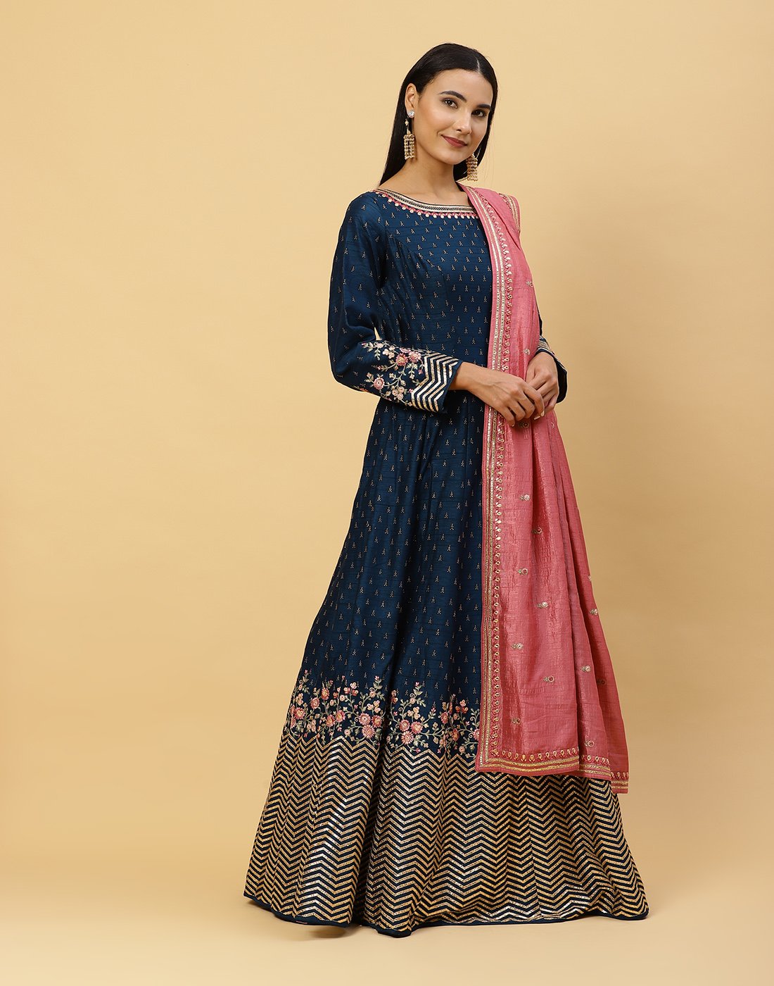 Embroidered Handloom Dupion Anarkali Salwar Kameez Stitched Suit With Art Silk Dupatta