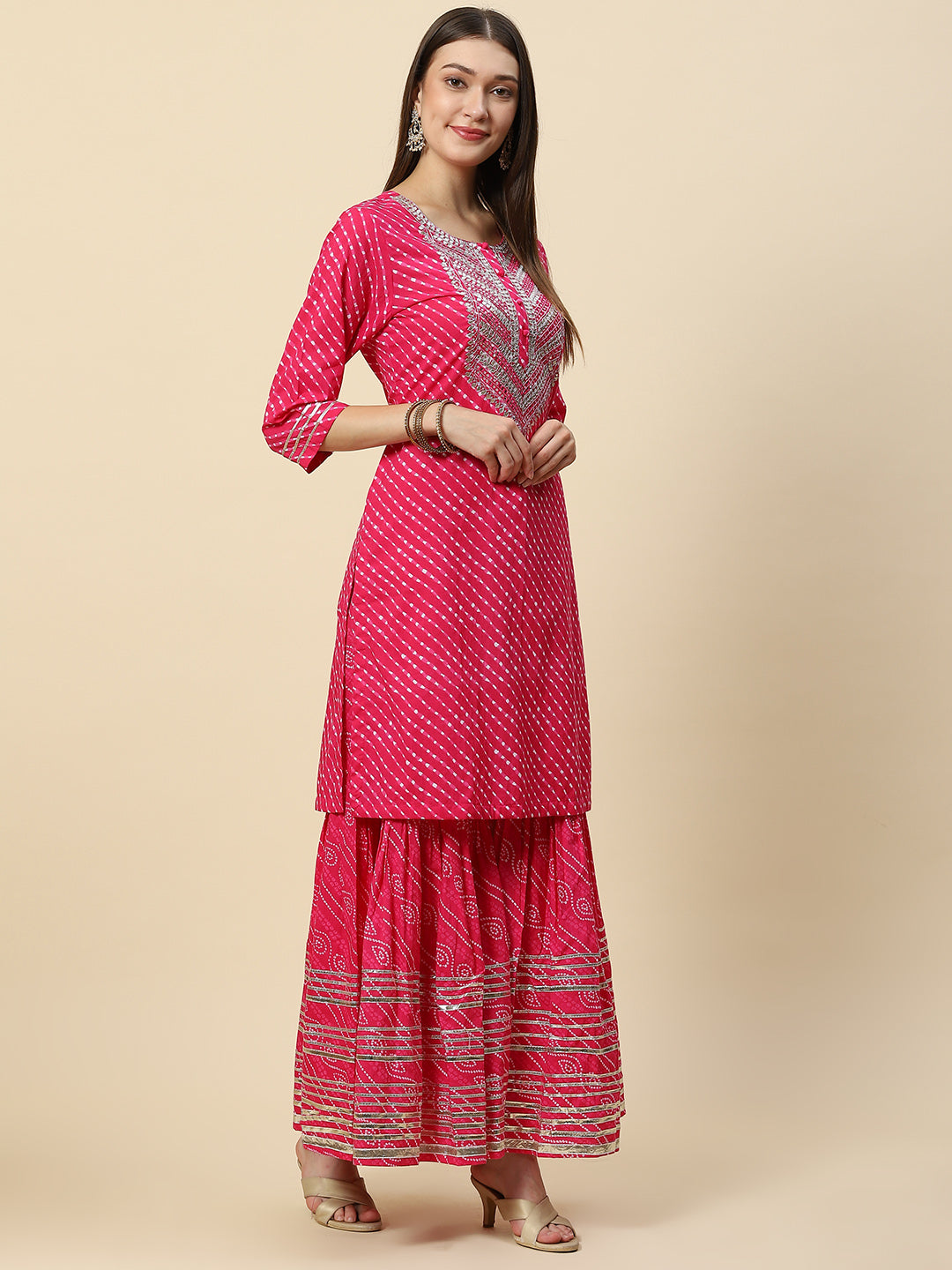 Leheriya Printed &amp; Embroidered Cotton Kurta With Sharara