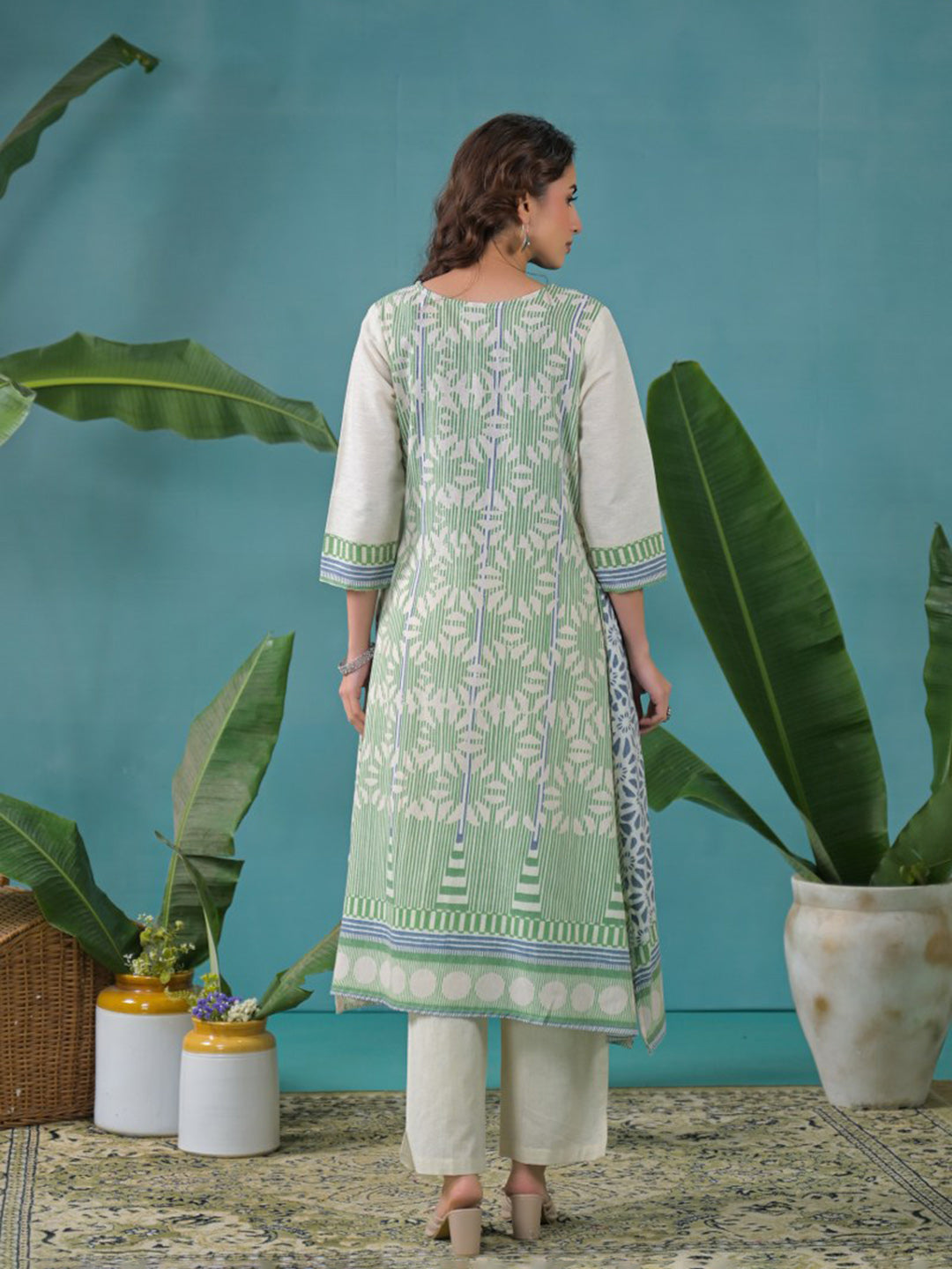 Cream Cotton Blend Printed Straight Suit Set