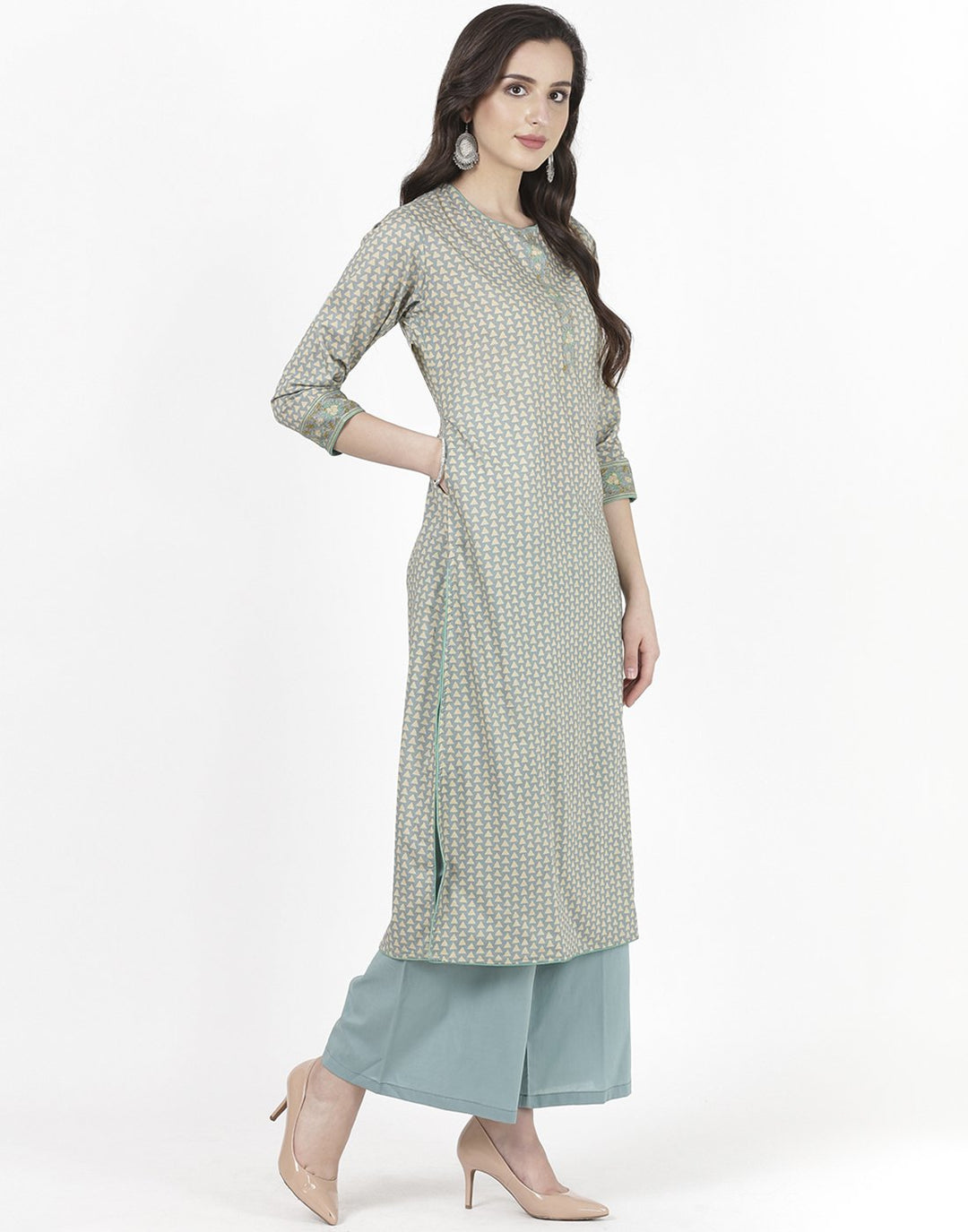 MBZ Meena Bazaar-Grey Green Cotton Kurti with Palazzo