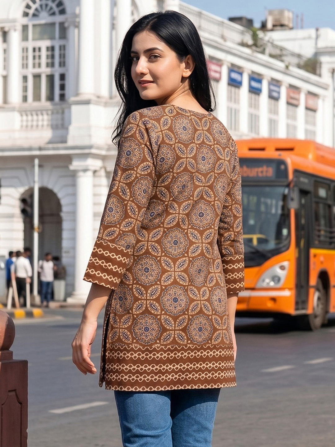Rust Embroidered Cotton Blend Straight Round Neck Suit Set