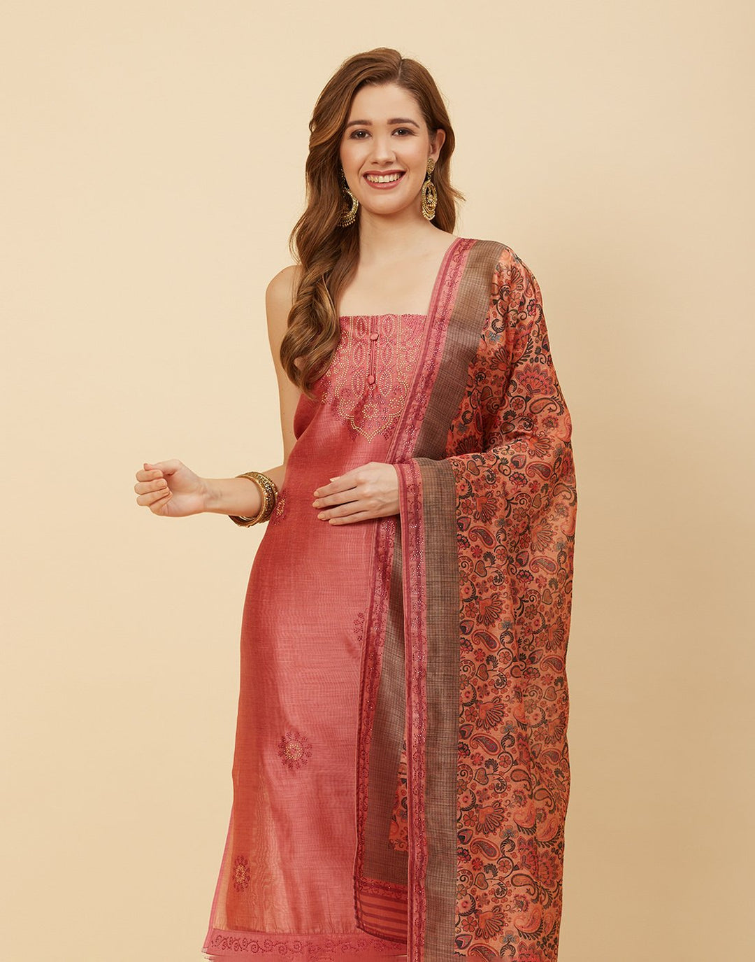 Embroidered Chanderi Suit Piece With Printed Chanderi Dupatta
