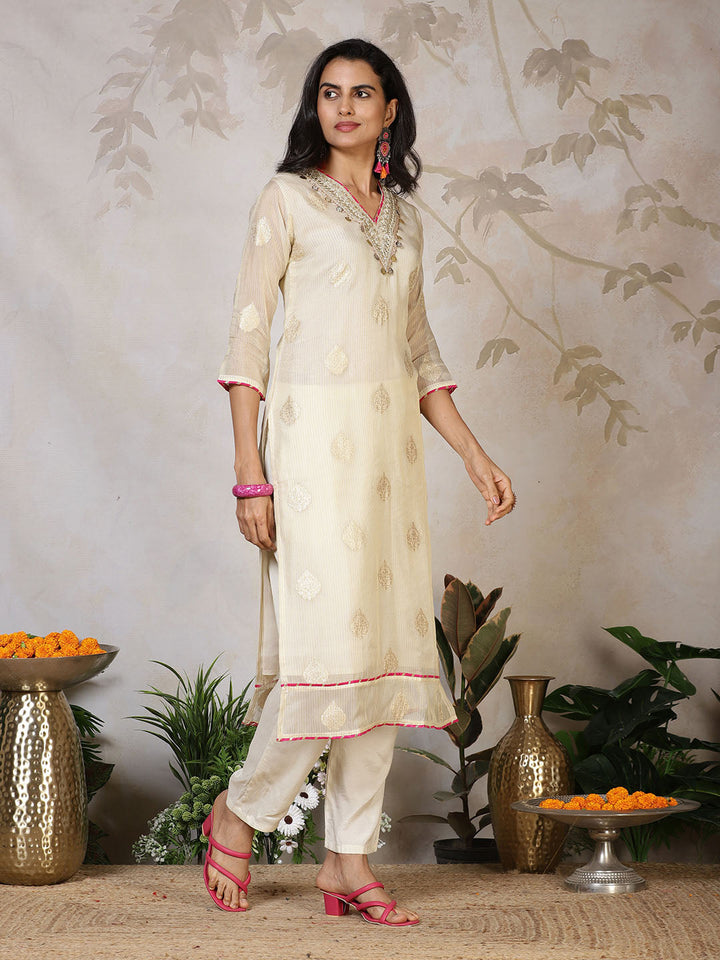Banarasi Weave Tissue Kurta With Pants &amp; Dupatta