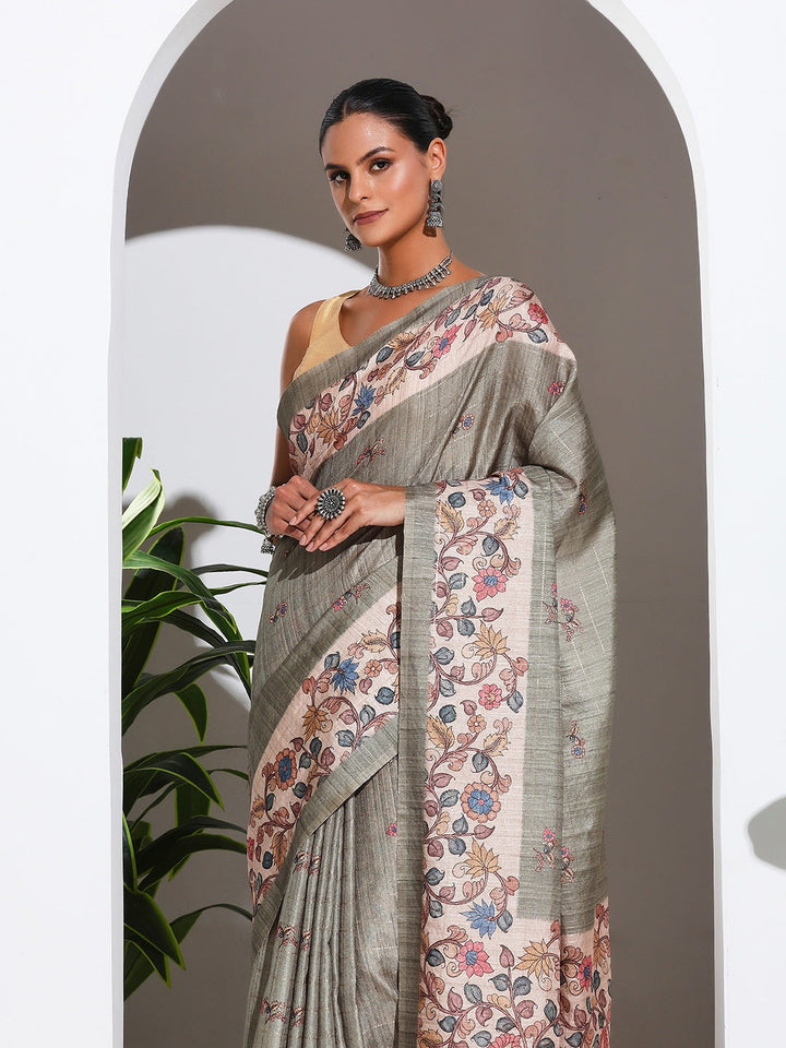 Floral Printed Tussar Silk Saree