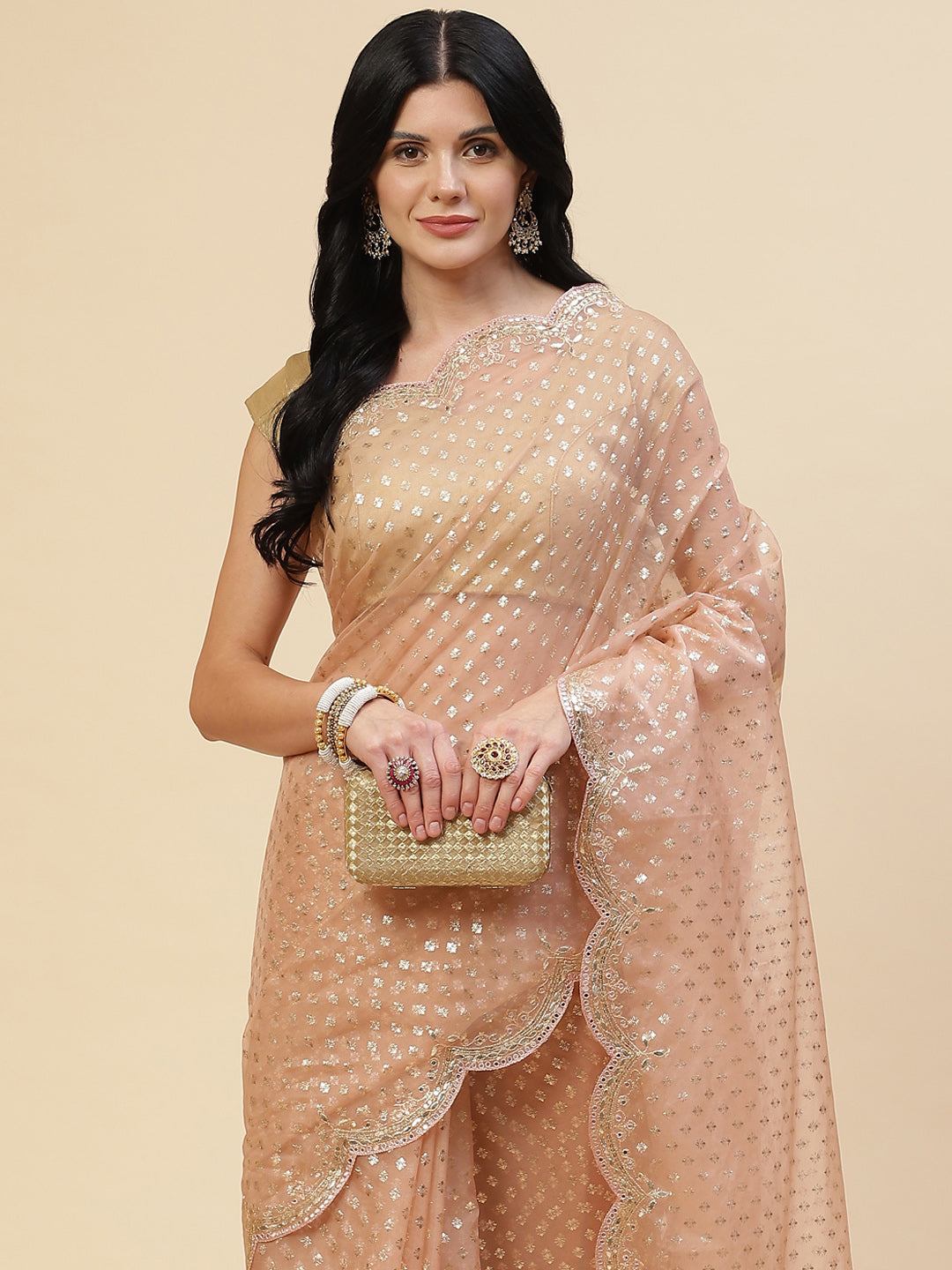 Mirror Work Embroidered Organza Saree