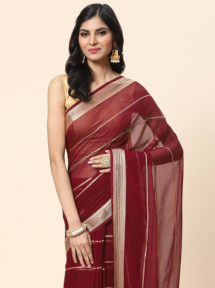 Stone Work Chiffon Plain Saree