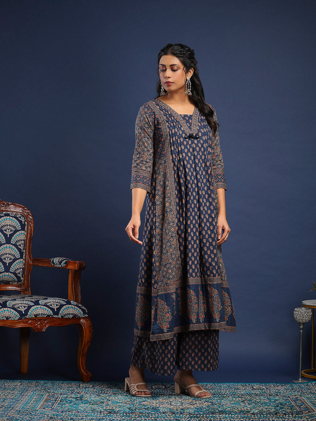 Blue Cotton Blend Printed Straight Suit Set