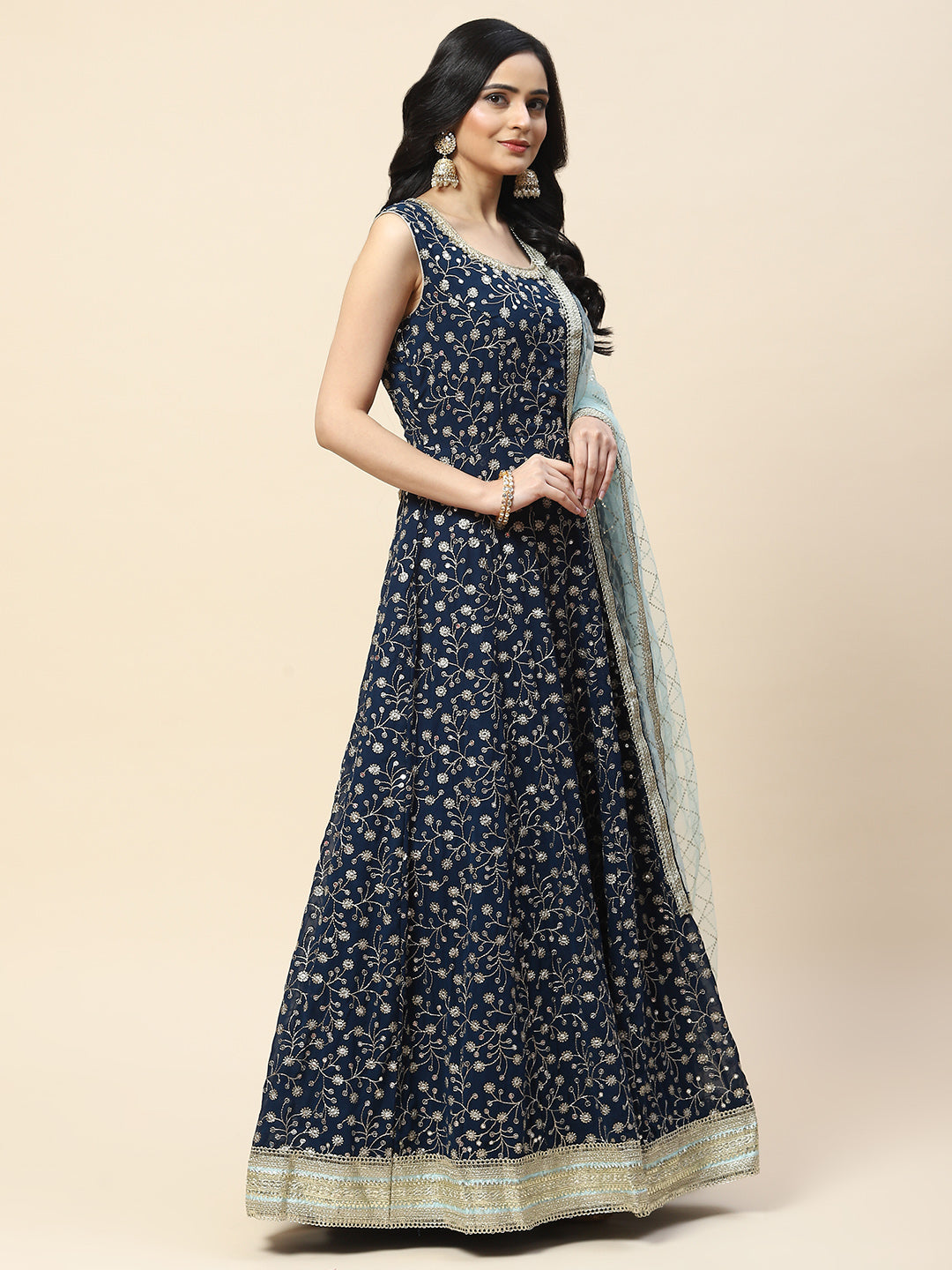 Sequin Embroidered Georgette Anarkali Kurta With Dupatta