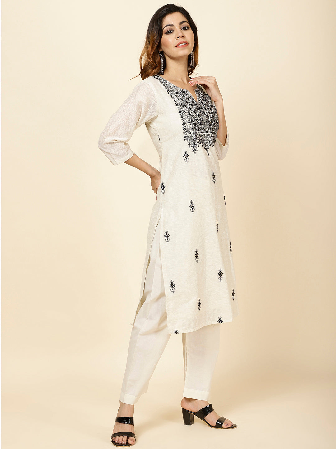 Embroidered Chanderi Kurta With Pants