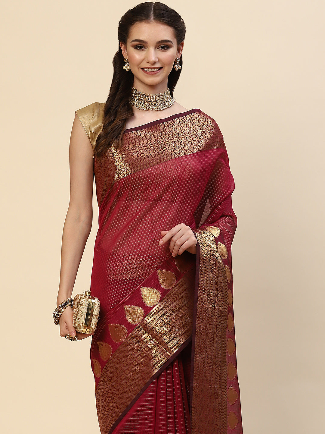 Stripes Zari Jaal Cotton Woven Saree