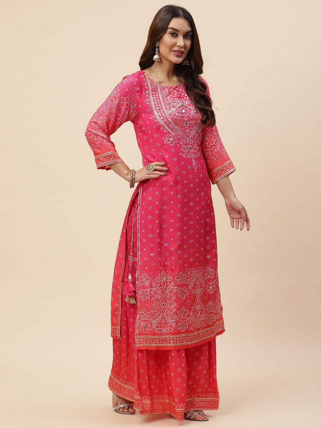 Bandhani Printed Muslin Kurta With Sharara & Dupatta