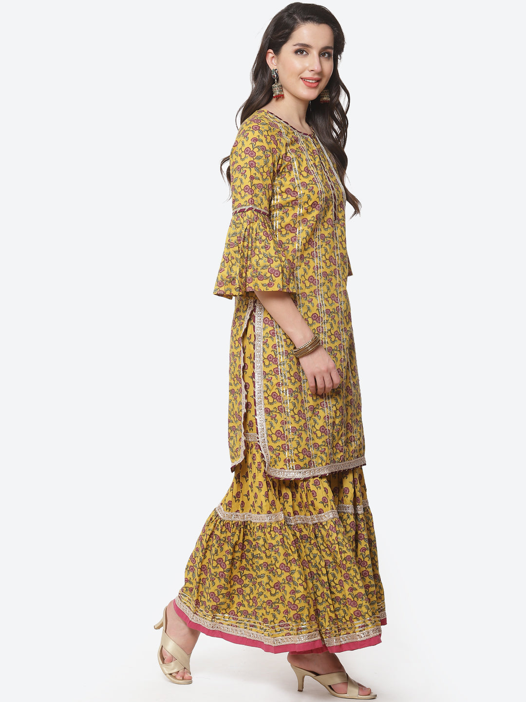 Floral Printed Gota Work Cotton Kurti With Sharara