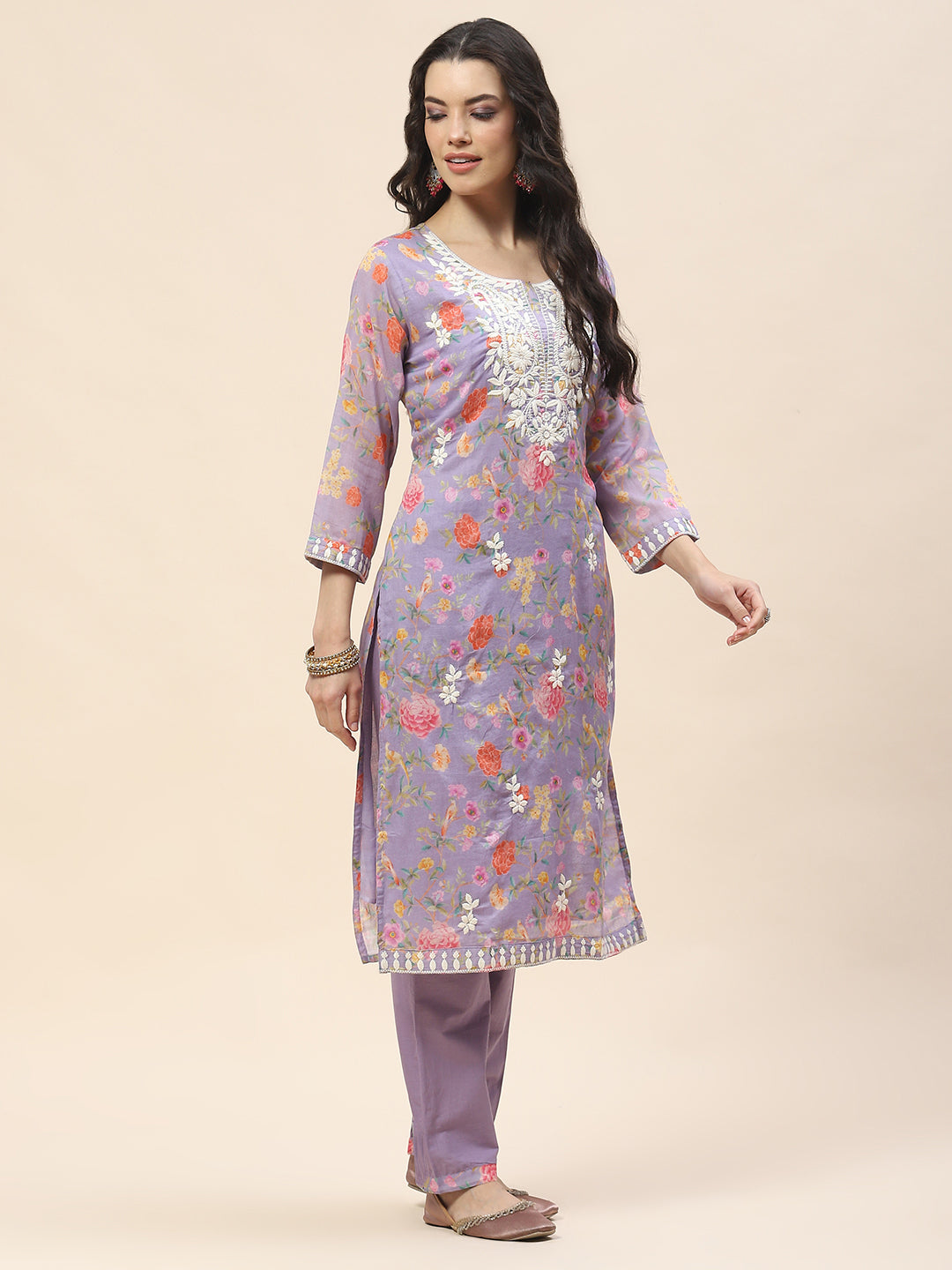 Printed Cotton Kurta With Pants &amp; Dupatta