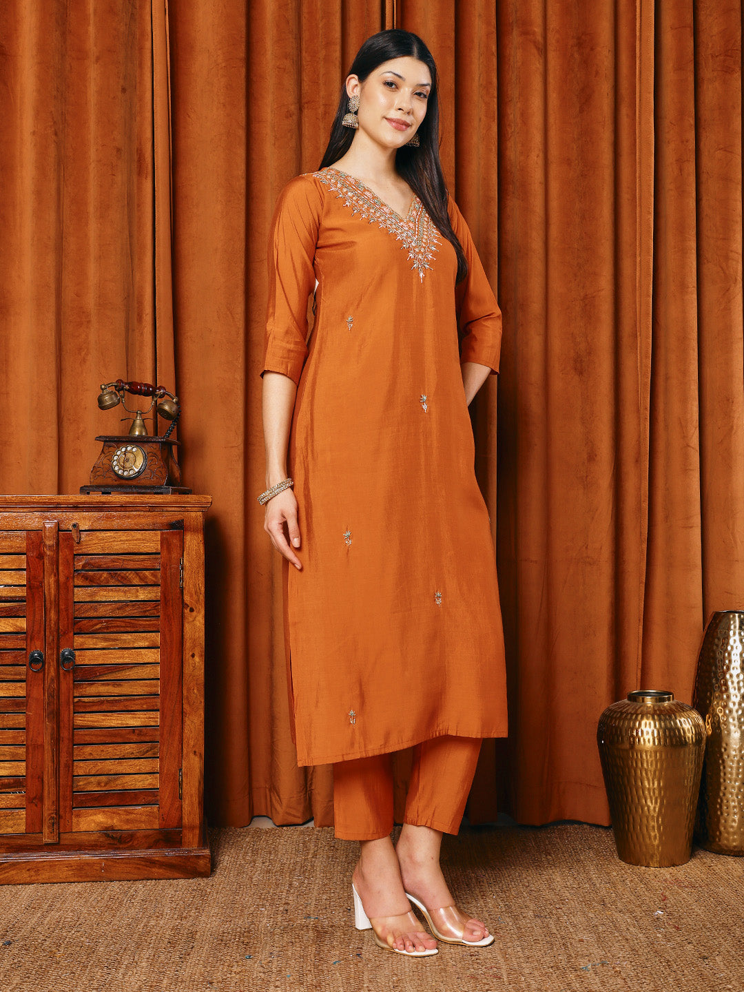 Embroidered Cotton Blend Kurta With Pants &amp; Dupatta