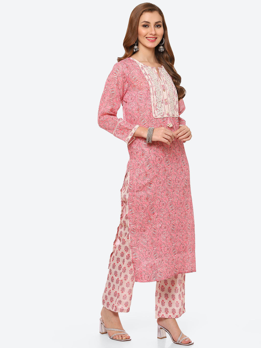 Zari Embroidered Printed Cotton Kurta With Pant