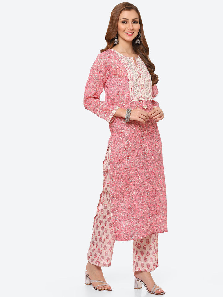 Zari Embroidered Printed Cotton Kurta With Pant