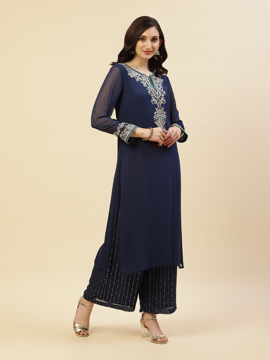 Embroidered Georgette Kurti With Palazzo And Dupatta