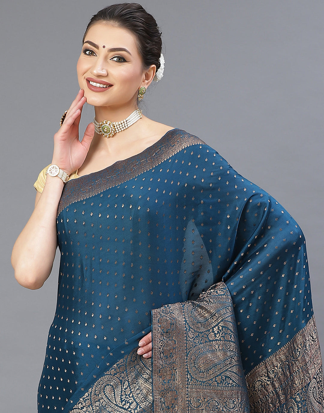MBZ Meena Bazaar-Navy Blue Woven Crape Plain Saree